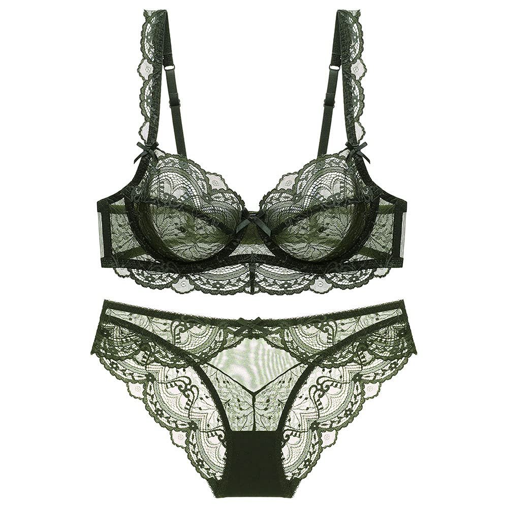 Guoeappa Women's Lace Bra and Panty Set Underwire Lingerie Cup Sized (32B-40D) Unlined Sheer Bra Matching Panties 2 Piece(Dark Green,36B)
