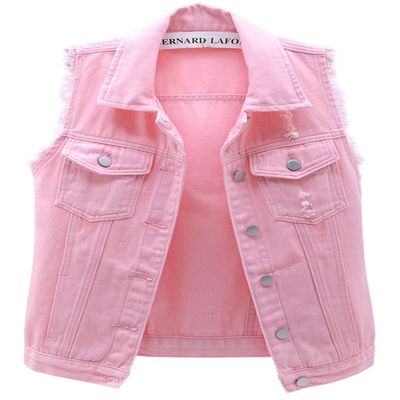 loveimgs Women's Fashion Sleeveless Regular Fit Lightweight Button Front Candy Color Ripped Denim Vest Jacket Pockets (Pink, Medium)