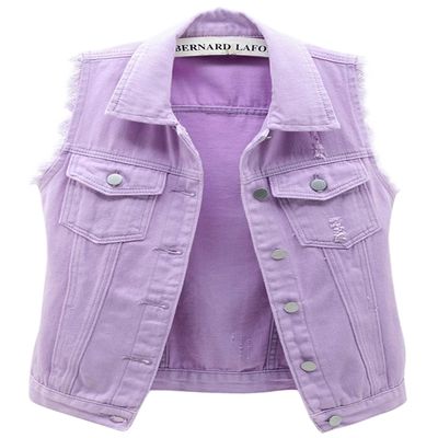 loveimgs Women's Fashion Sleeveless Regular Fit Lightweight Button Front Candy Color Ripped Denim Vest Jacket Pockets (Purple, Large)