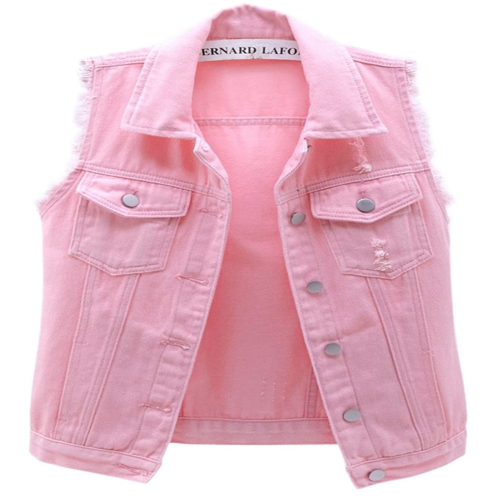 loveimgs Women's Fashion Sleeveless Regular Fit Lightweight Button Front Candy Color Ripped Denim Vest Jacket Pockets (Pink, Large)