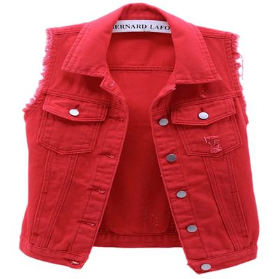 loveimgs Women's Fashion Sleeveless Regular Fit Lightweight Button Front Candy Color Ripped Denim Vest Jacket Pockets (Red, XX-Large)