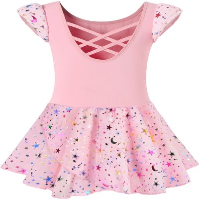 DANSHOW Ballet Leotards for Girls Dance Skirted Leotard Kids Ballet Tutu Dress Toddler Shiny Ruffle Sleeve Dancewear(40431-08-XL)