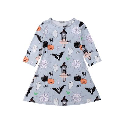 1-6T Toddler Kids Baby Girls Halloween Outfits Ghost Pumpkin Print Long Sleeve Dress Winter Clothes (Blue, 4-5 T)