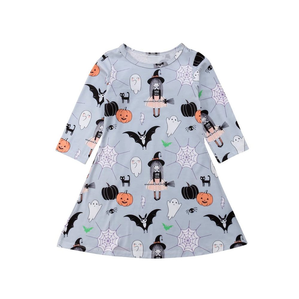 1-6T Toddler Kids Baby Girls Halloween Outfits Ghost Pumpkin Print Long Sleeve Dress Winter Clothes (Blue, 4-5 T)