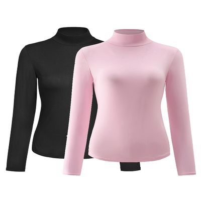 Kindcall Womens Slim Fitted Mock Turtleneck Tops Long Sleeve Lightweight Base Layer Shirts (4-Black/Pink 2Pack, Medium)