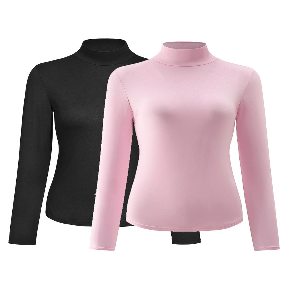 Kindcall Womens Slim Fitted Mock Turtleneck Tops Long Sleeve Lightweight Base Layer Shirts (4-Black/Pink 2Pack, Medium)