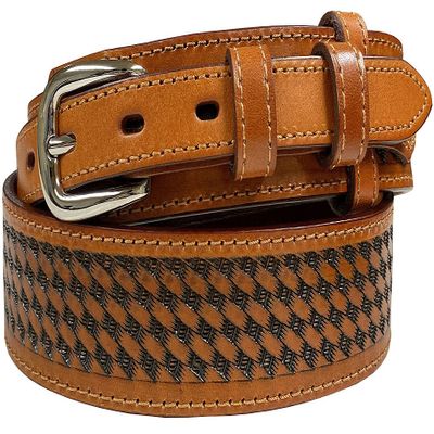 10571 Genuine Full Grain Leather Basketweave Tooled Engraved Western Ranger Belt (Tan, 38)