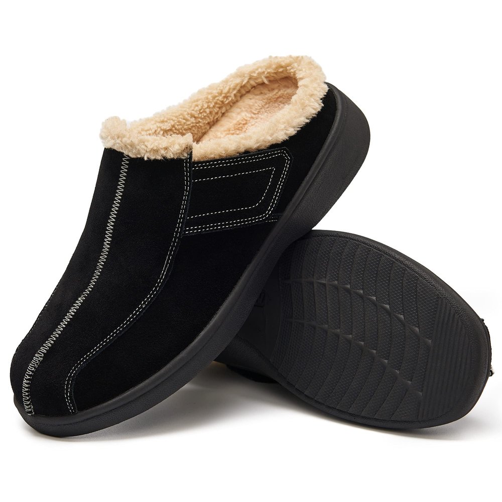 EVGLOW Mens Slippers Plantar Fasciitis with Arch Support Suede Leather Orthopedic Male Slippers Orthotic House Non Slip Diabetic Adjustable Indoor Outdoor Foot Pain Relief Christmas All Black Size 12