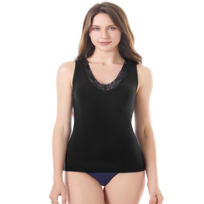 Womens Tank Top Camisoles with Premium Cotton Italian Design - Trimmed with Flower Lace on Neckline (921-Black, XXL)
