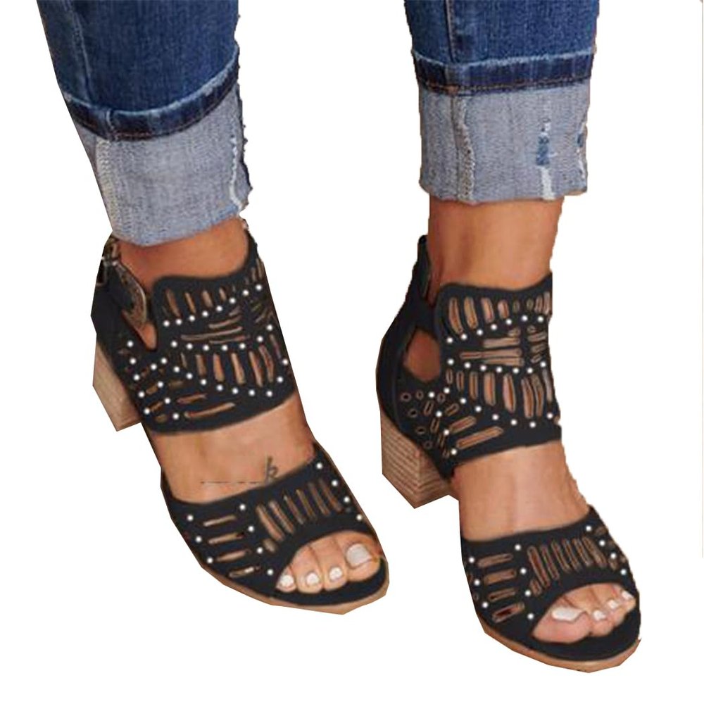 KOKDFE Vintage Hollow Out Sandals Mid Heel Summer Slip-On Buckle Ladies Shoes Artificial Open Toe Casual Wedding Pumps Women Sandalias with Diamond Black 38