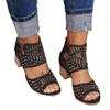 KOKDFE Vintage Hollow Out Sandals Mid Heel Summer Slip-On Buckle Ladies Shoes Artificial Open Toe Casual Wedding Pumps Women Sandalias with Diamond Black 38 view 1