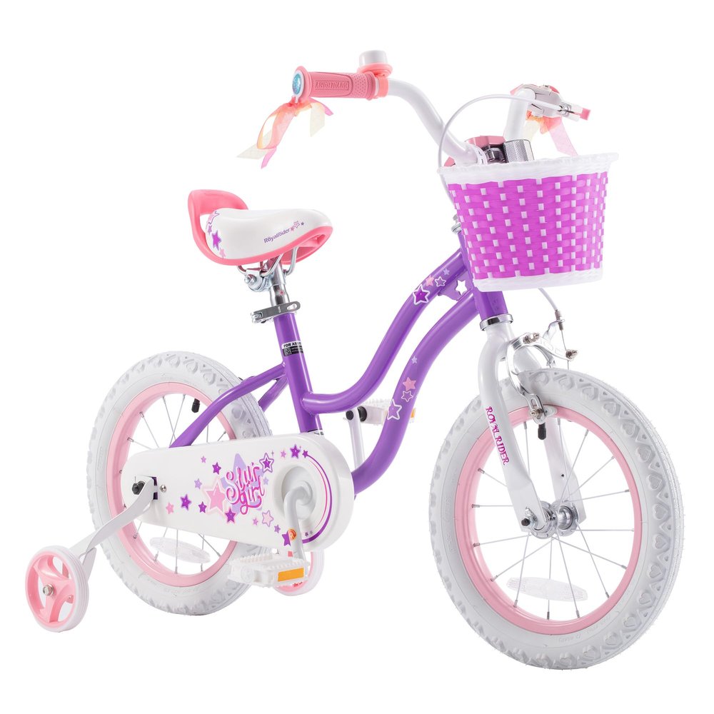 RoyalBaby Stargirl 12 Inch Kids Outdoor Bicycle with Accessory Basket, Bell, Thick Wheels, and Safety Training Wheels for Ages 2-4, Purple