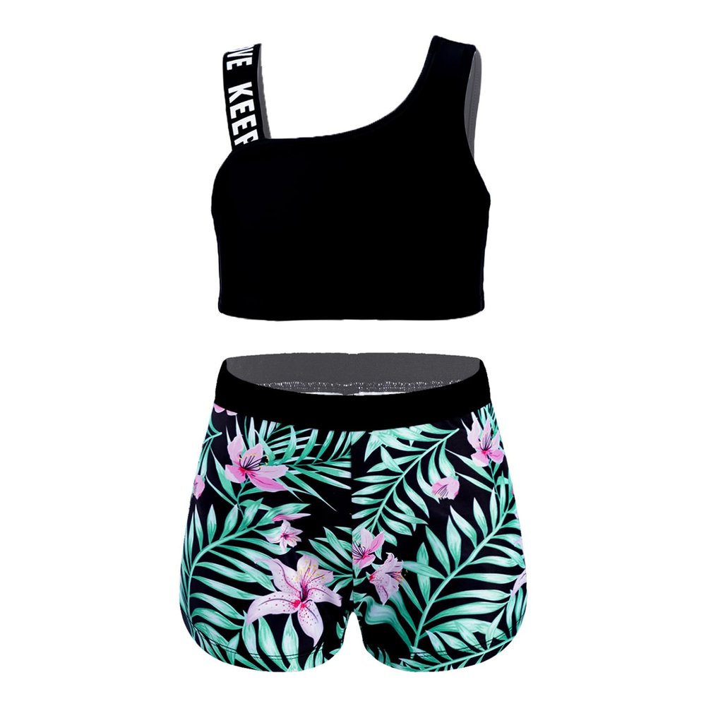 Moggemol Kids Girls Tie Dye 2 Pcs Ballet/Dance/Gymnastics/Sports Cutout Back Crop Top with Booty Shorts Green-Asymmetric-Straps 12