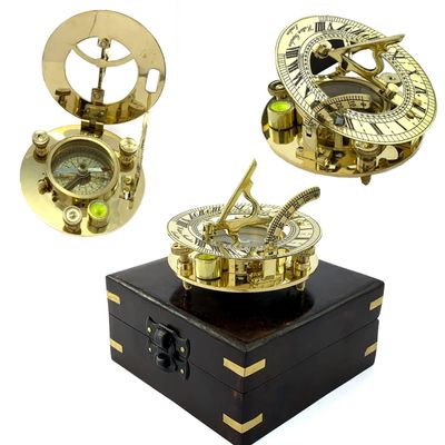 Antique Vibes Sailor Pirate Captain Brass Sundial with Decorative Wooden Box Table Desk Decorative Gift Hiking/Camping Navigation Compass Sundial.