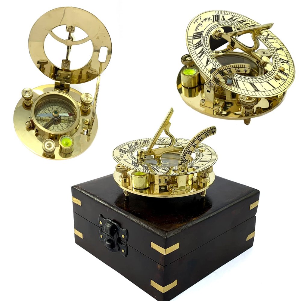 Antique Vibes Sailor Pirate Captain Brass Sundial with Decorative Wooden Box Table Desk Decorative Gift Hiking/Camping Navigation Compass Sundial.