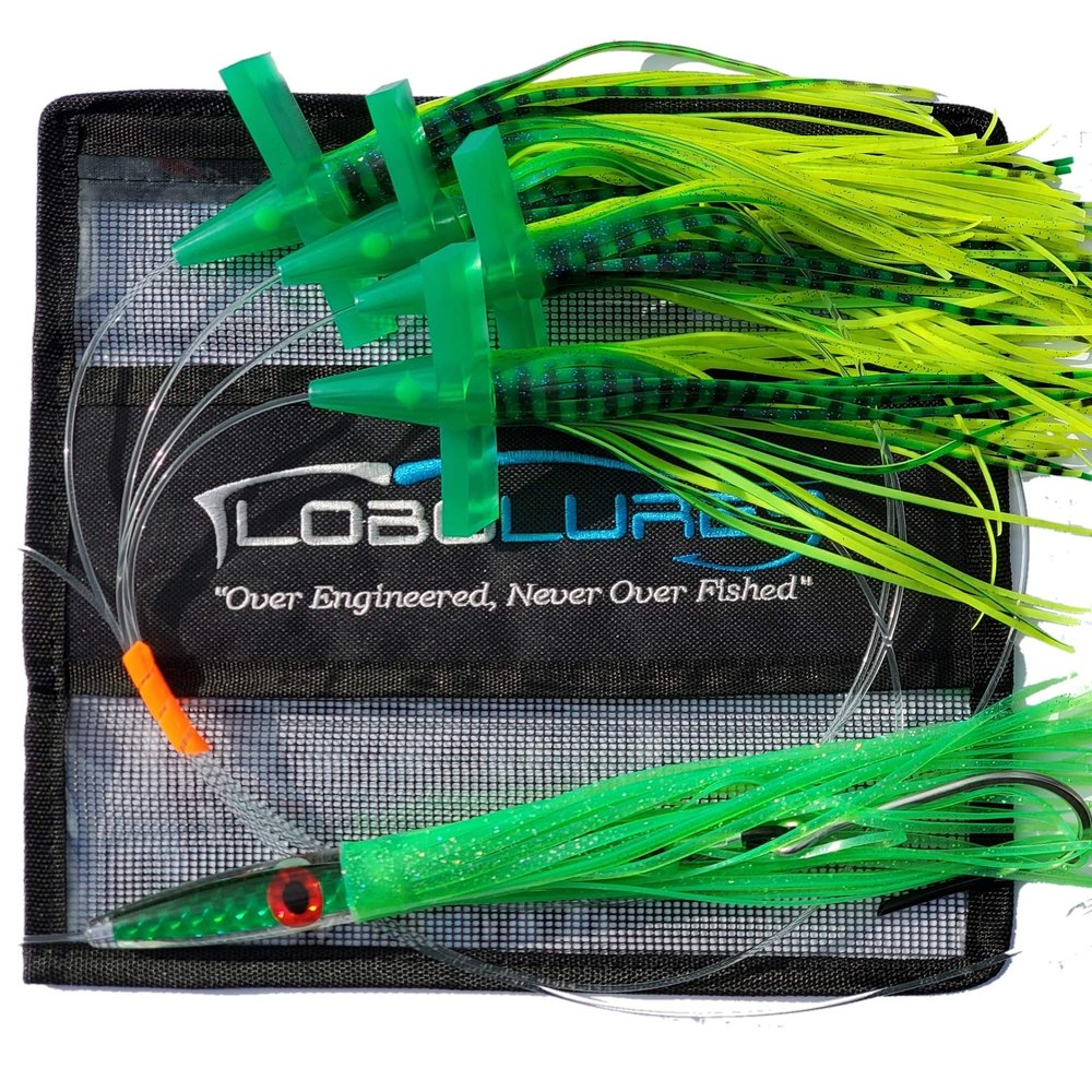 Lobo Lures #222 Tuna Crack Commotion Splash Machine Tuna Bullet Daisy Chain 400lb Leader & 10/0 Hook (Green Machine)