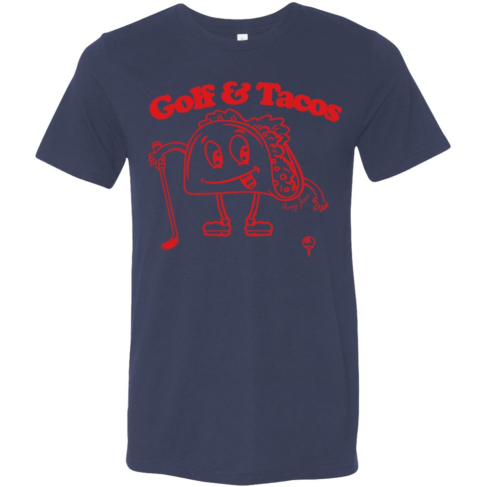 SwingJuice Golf T-Shirt Golf & Tacos Crew Neck Short Sleeve Funny Golf Shirt for Men and Women Navy 2XL
