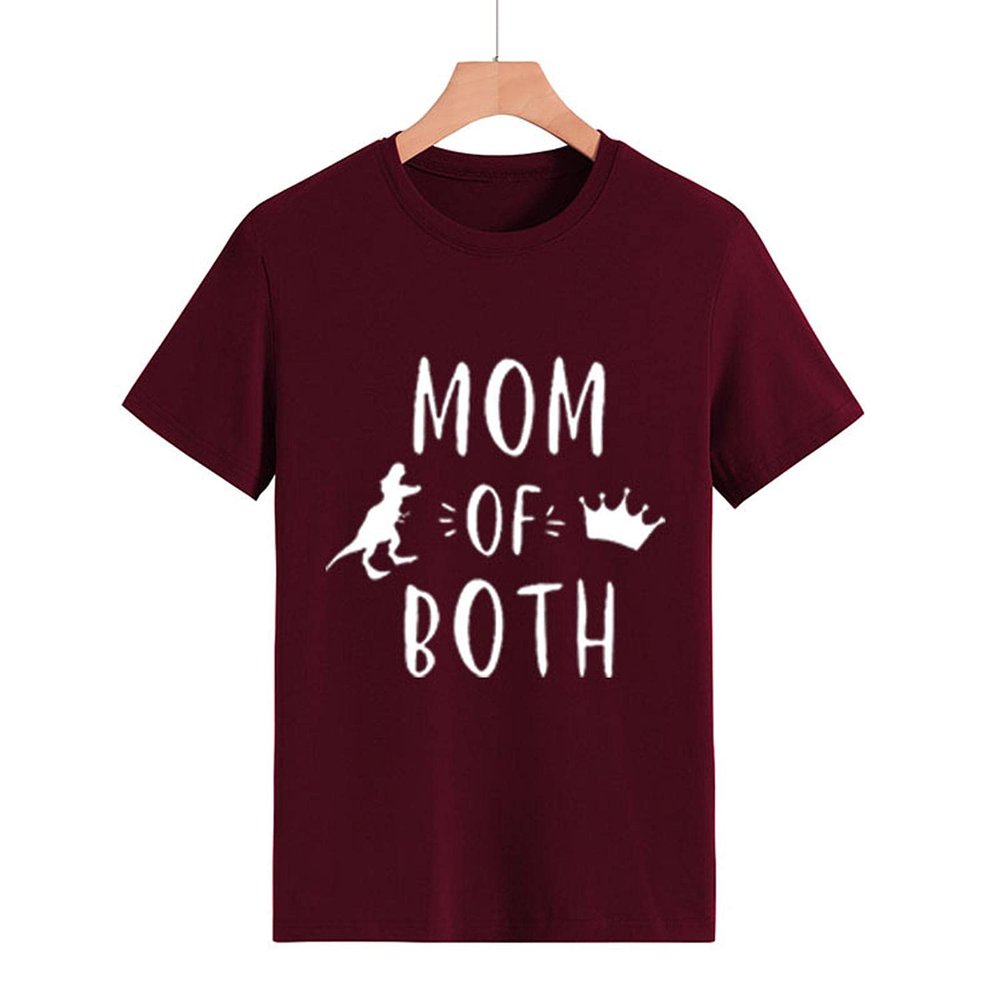 VANOKA MOM of Both-Womens T-Shirts Graphic Funny Short Sleeve Round Neck T-Shirts Women Tops Letter T-Shirt Wine Red