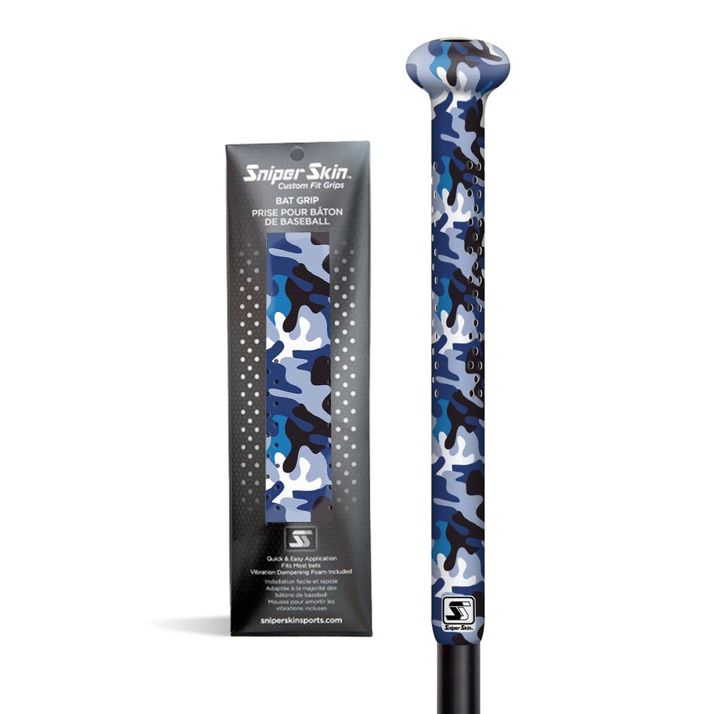 Sniper Skin Baseball Heat-Activated Bat Grip, Easy Install Tacked Non-Slip for Baseball & Softball Sports, Custom Fit Wrap That Lasts Up to 3 Times Longer - Blue/White Camo