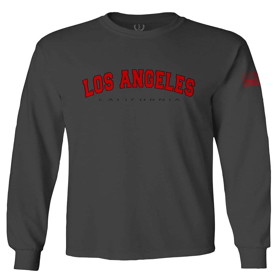 0382. RED Los Angeles California Cali LA Retro Graphic Men's Long Sleeve t Shirt (Characol, Large)