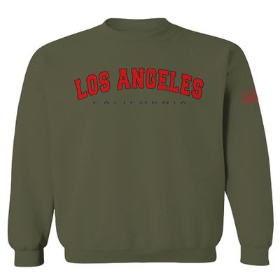 0382. RED Los Angeles California Cali LA Retro Graphic Men's Crewneck Sweatshirt (Olive, Medium)