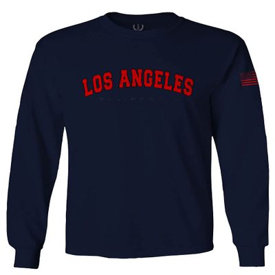 0382. RED Los Angeles California Cali LA Retro Graphic Men's Long Sleeve t Shirt (Navy Blue, Small)