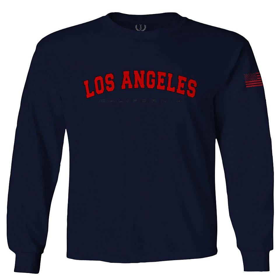 0382. RED Los Angeles California Cali LA Retro Graphic Men's Long Sleeve t Shirt (Navy Blue, Small)