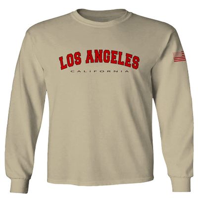 0382. RED Los Angeles California Cali LA Retro Graphic Men's Long Sleeve t Shirt (Beige 2X Large)