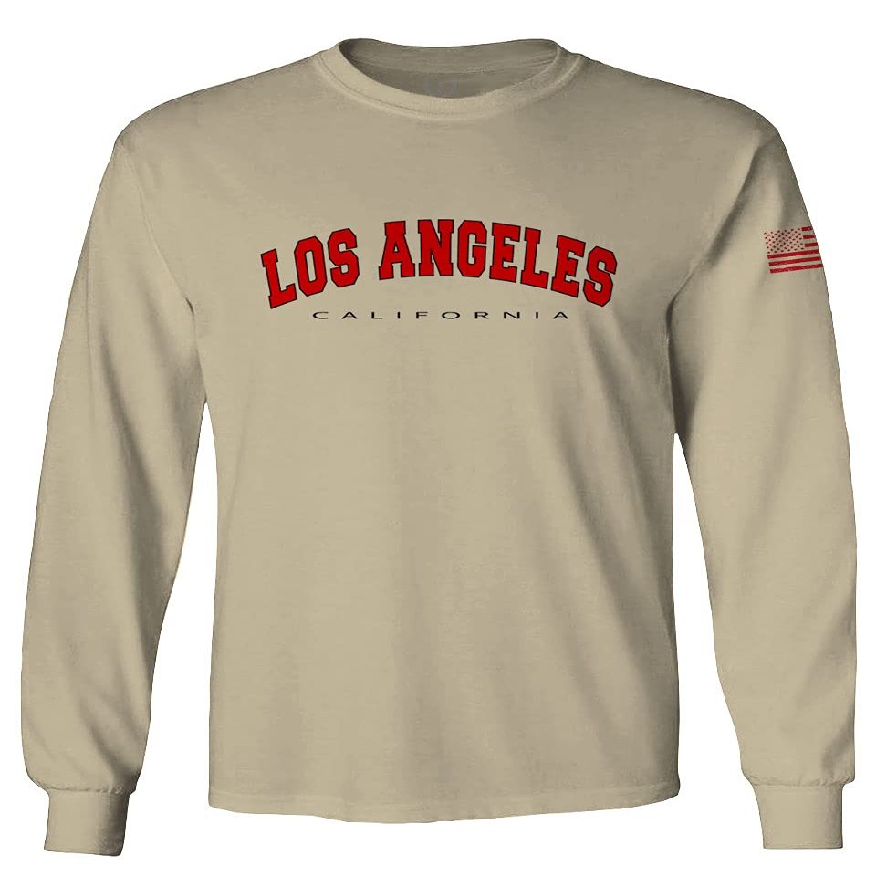 0382. RED Los Angeles California Cali LA Retro Graphic Men's Long Sleeve t Shirt (Beige 2X Large)