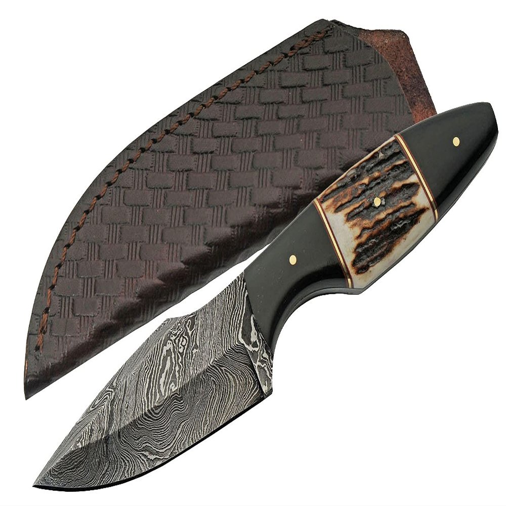 SANZ Damascus Hunting Knife 8 Inch - Camping Knife with Stag/Horn Handle, Full Tang Blade & Sheath for Hunting, Camping & Outdoor uses for Men