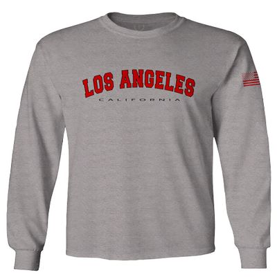 0382. RED Los Angeles California Cali LA Retro Graphic Men's Long Sleeve t Shirt (Light Gray X-Large)