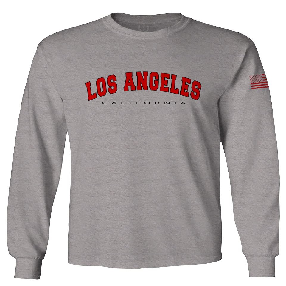 0382. RED Los Angeles California Cali LA Retro Graphic Men's Long Sleeve t Shirt (Light Gray X-Large)