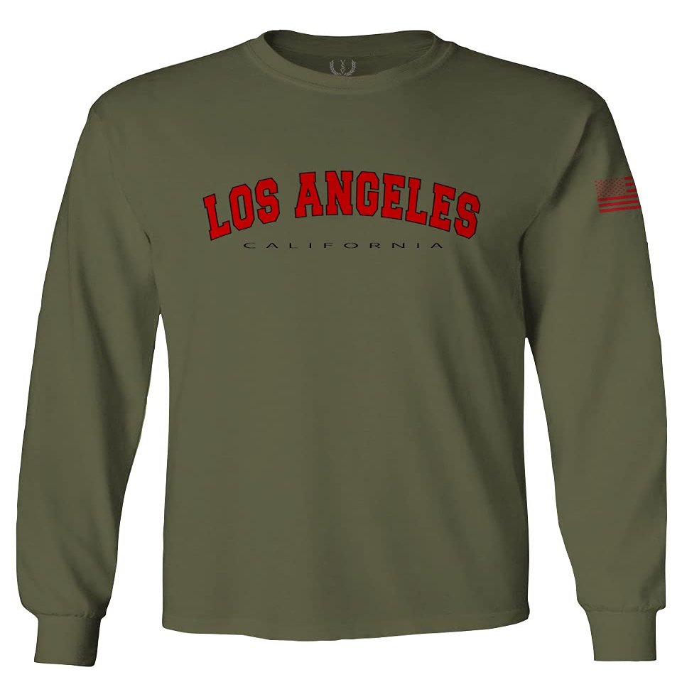 0382. RED Los Angeles California Cali LA Retro Graphic Men's Long Sleeve t Shirt (Olive, X-Large)