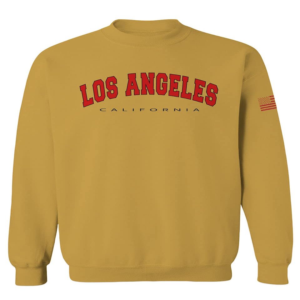 0382. RED Los Angeles California Cali LA Retro Graphic Men's Crewneck Sweatshirt (Gold Small)
