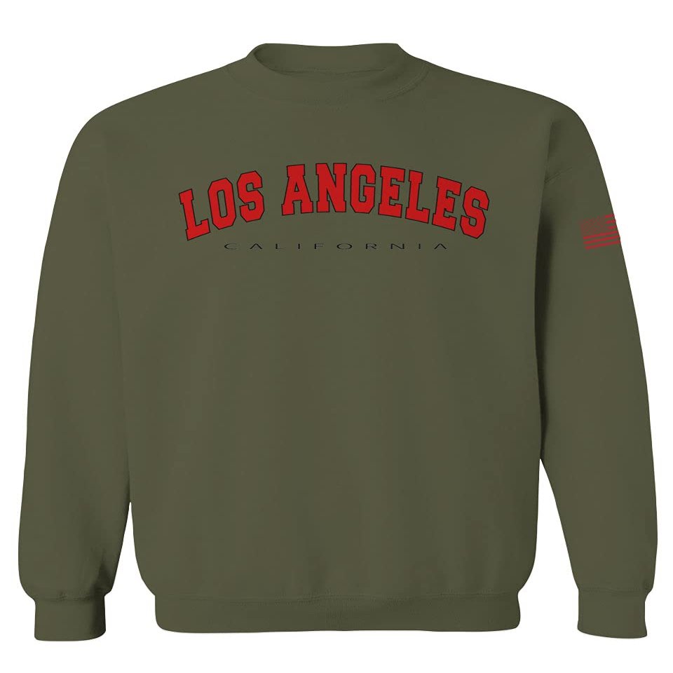 0382. RED Los Angeles California Cali LA Retro Graphic Men's Crewneck Sweatshirt (Olive, X-Large)
