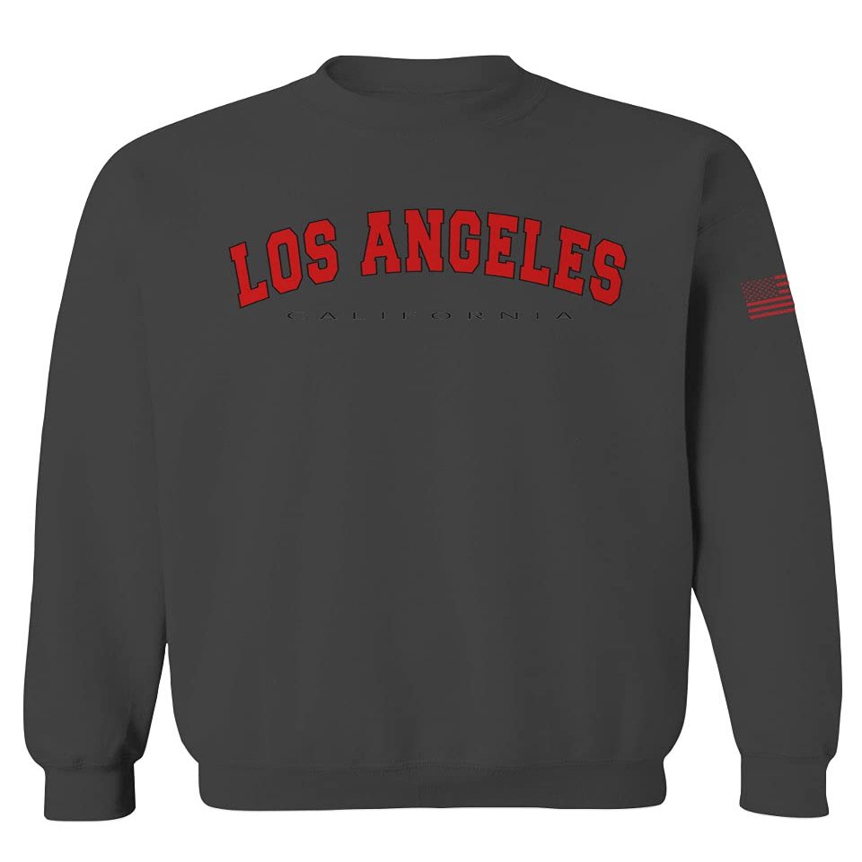 0382. RED Los Angeles California Cali LA Retro Graphic Men's Crewneck Sweatshirt (Characol Large)