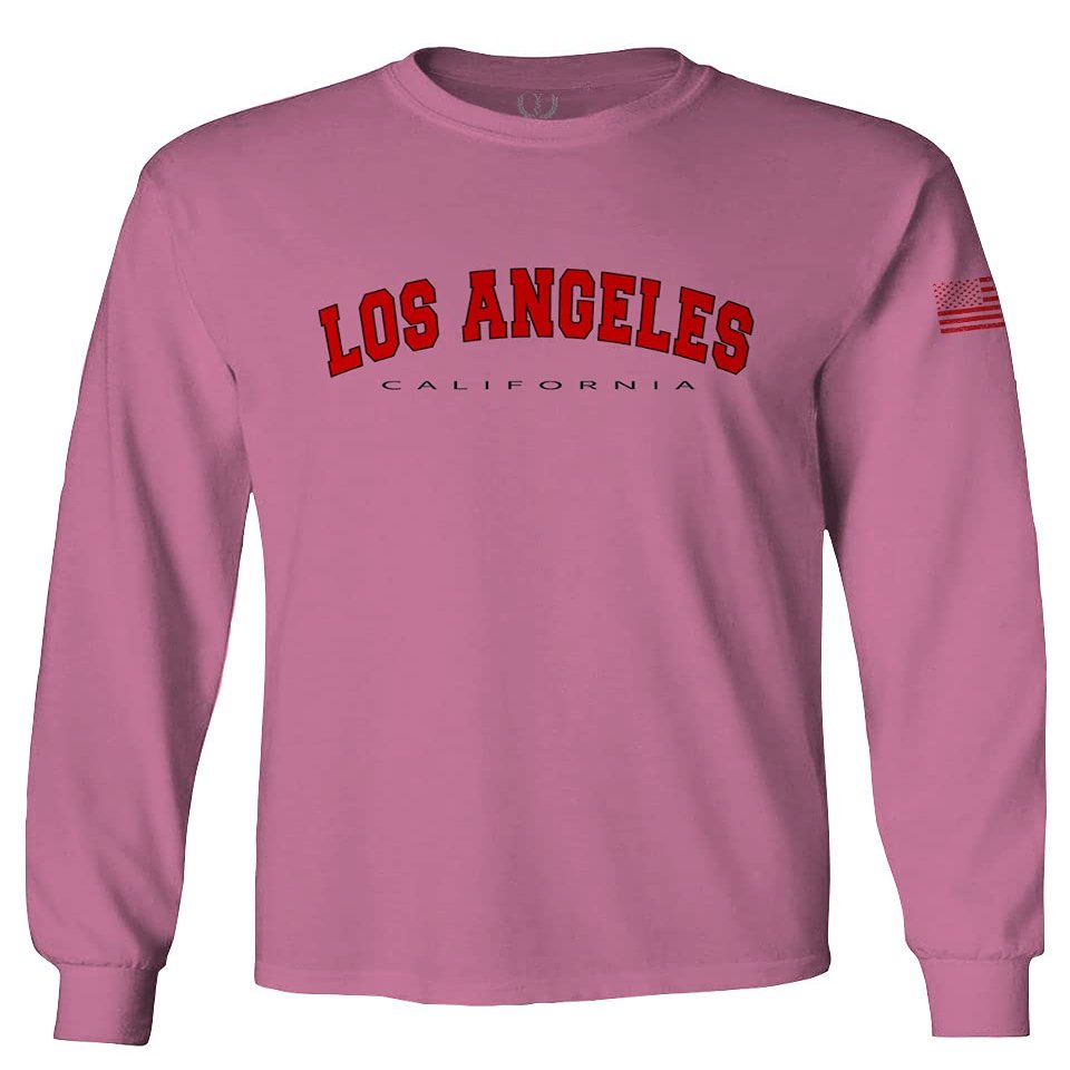 0382. RED Los Angeles California Cali LA Retro Graphic Men's Long Sleeve t Shirt (Pink Medium)