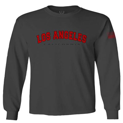 0382. RED Los Angeles California Cali LA Retro Graphic Men's Long Sleeve t Shirt (Characol, 2X Large)