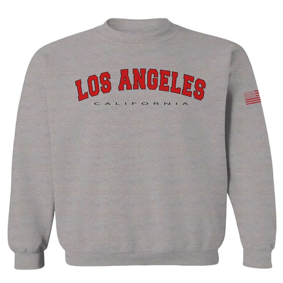 0382. RED Los Angeles California Cali LA Retro Graphic Men's Crewneck Sweatshirt (Light Gray Small)