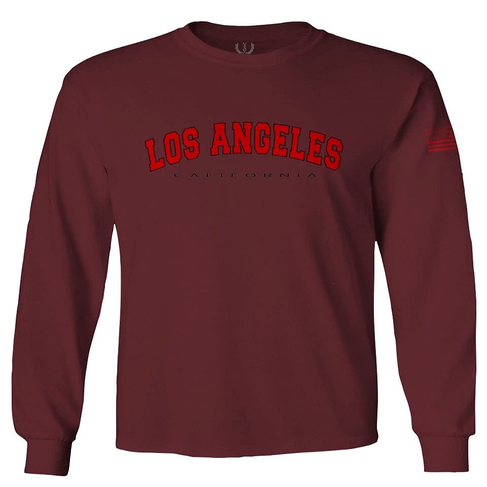 0382. RED Los Angeles California Cali LA Retro Graphic Men's Long Sleeve t Shirt (Maroon X-Large)