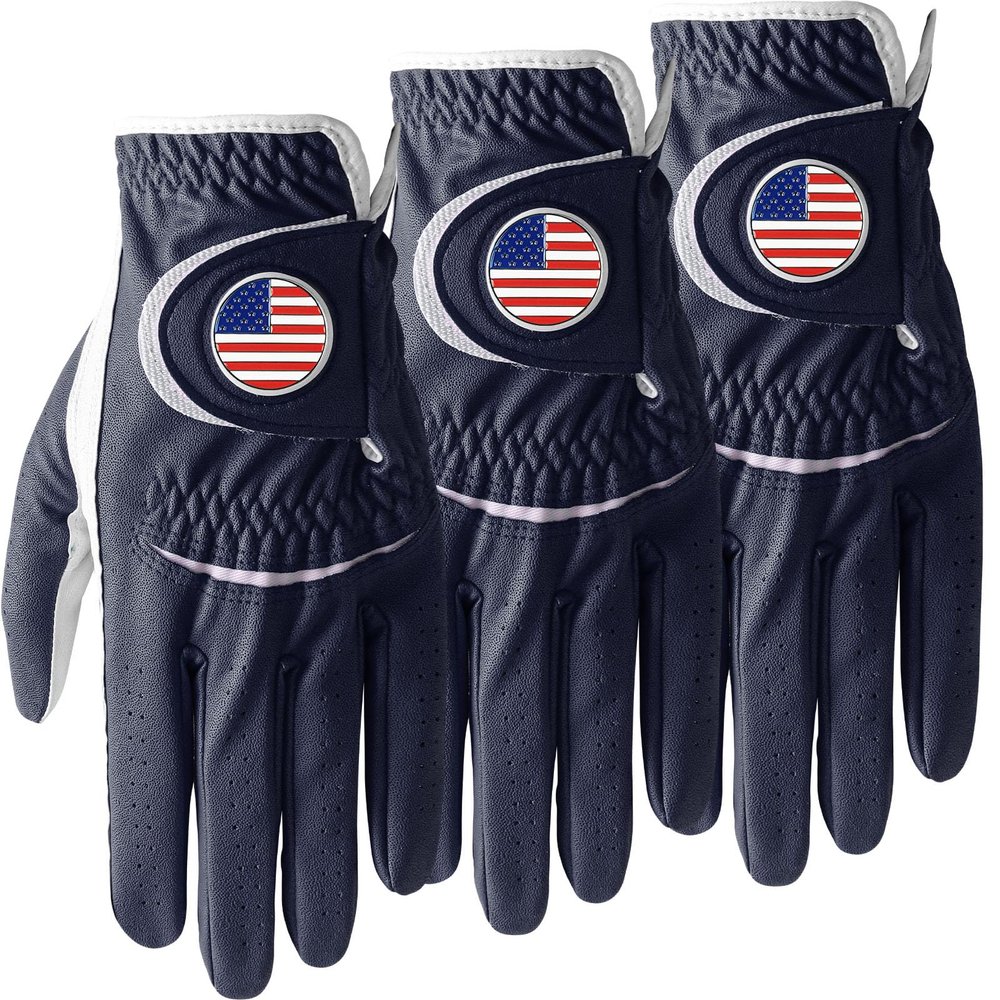Amy Sport Golf Gloves Men Right Handed Golfer Left Hand Leather with Ball Marker Value 3 Pack, Color Leather Glove All Weather Grip Comfortable, Fit Size Small Medium Large XL (Blue, M-Large, Left)