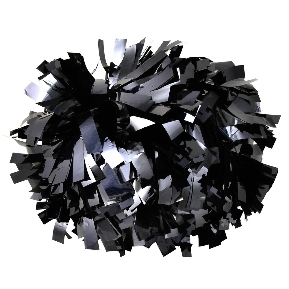 Cheerleading Pom Poms Metalic Holographic Cheerleader with Baton Handle 6 inch 1 Pair 2 Pieces (Black)