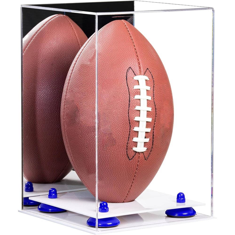 Better Display Cases Acrylic Football Display Case Vertical with Mirror Case, Navy Blue Risers and White Base (B42/A060)
