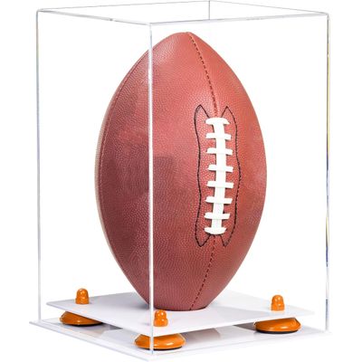 Better Display Cases Acrylic Football Display Case Vertical with Clear Case, Orange Risers and White Base (B42/A060)