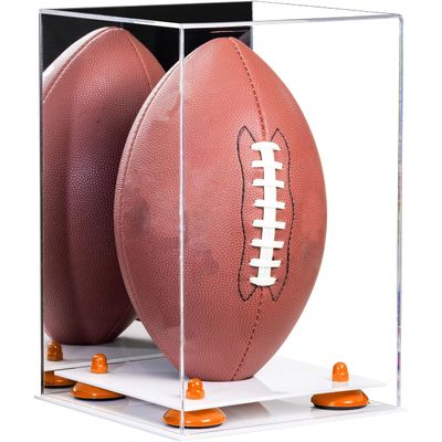 Better Display Cases Acrylic Football Display Case Vertical with Mirror Case, Orange Risers and White Base (B42/A060)