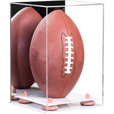 Better Display Cases Acrylic Football Display Case Vertical with Mirror Case, Pink Risers and White Base (B42/A060)