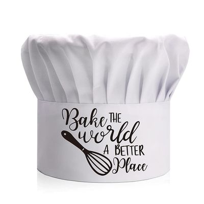 DYJYBMY Bake The World A Better Place, Adult Adjustable Kitchen Cooking Hat with Elastic Band Chef Baker Cap White, Cooking Grilling BBQ Gifts for Woman, Wife, Mom, Her, Grandma