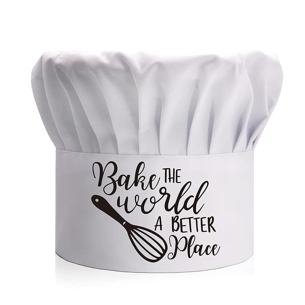 DYJYBMY Bake The World A Better Place, Adult Adjustable Kitchen Cooking Hat with Elastic Band Chef Baker Cap White, Cooking Grilling BBQ Gifts for Woman, Wife, Mom, Her, Grandma