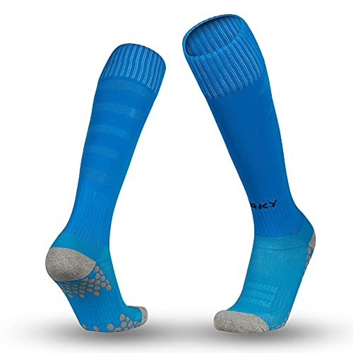 ORKY Soccer Socks for Kids Youth, Knee Length Thick Footbed Design, Women Sports Compression Sock (2 Pairs Pack Light Blue)