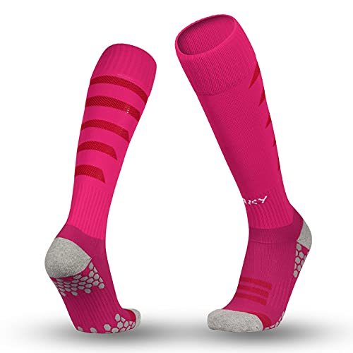 ORKY Soccer Socks for Kids Youth, Knee Length Thick Footbed Design, Women Sports Compression Sock (2 Pairs Pack Rosy)
